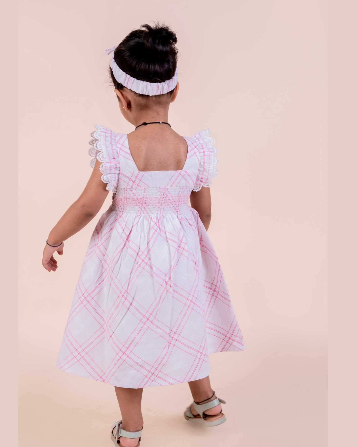 Plaid Pattern Smocking Frock with Matching Hairband