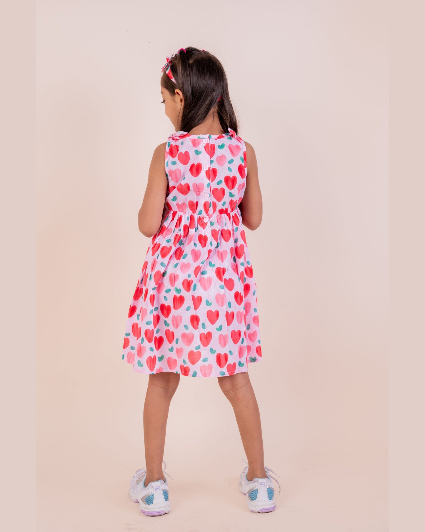 Heart Print Summer Frock with Matching Hairband | Cherry Red