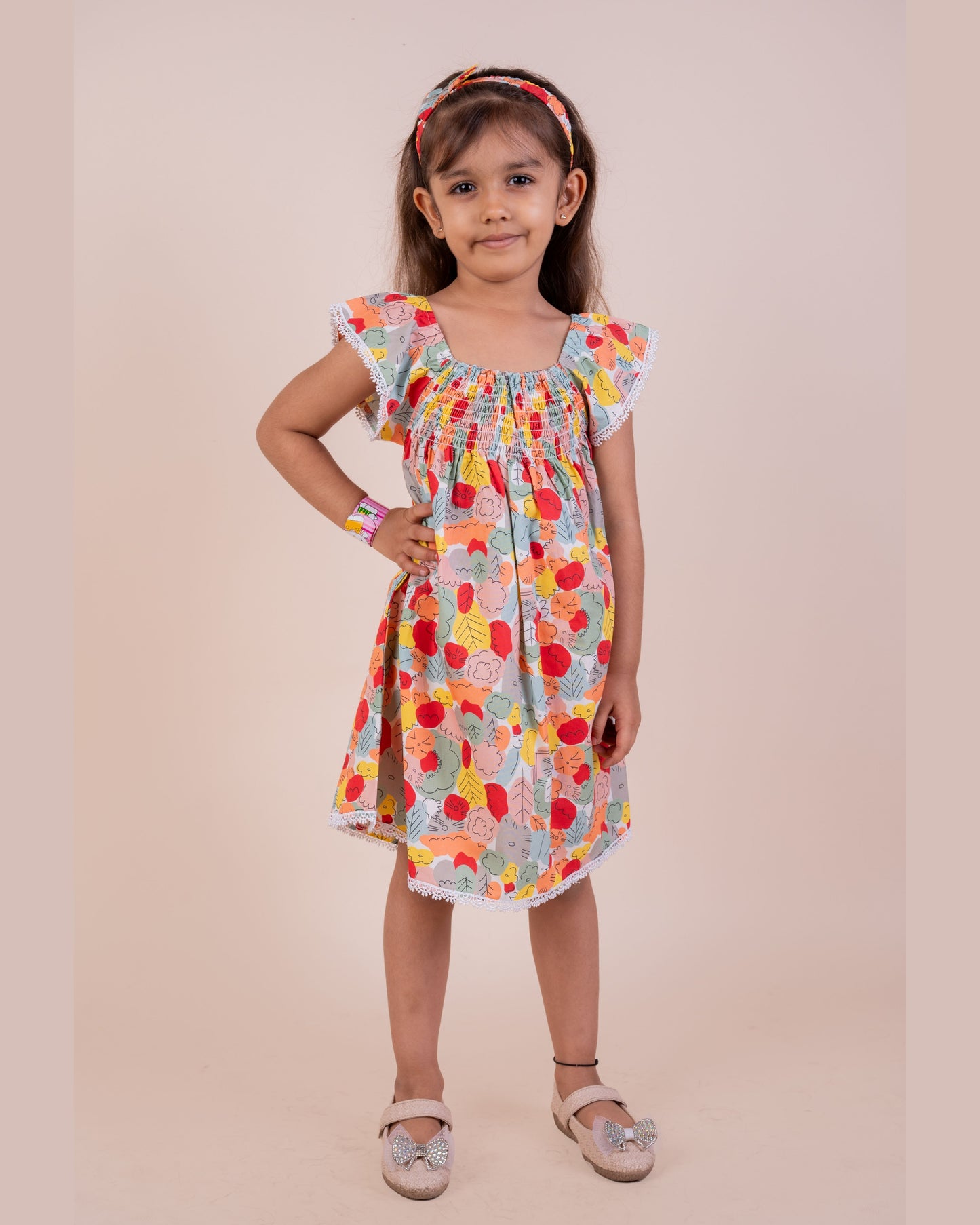Abstract leaf print frock with hairband