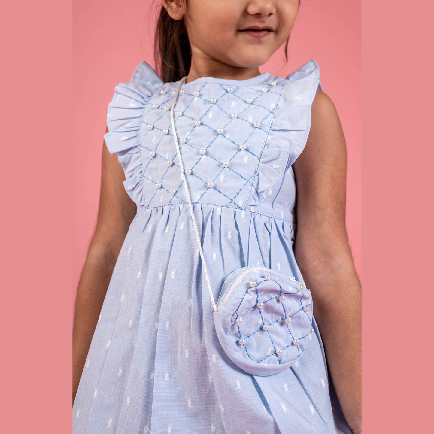 Blue Frock with Pearl Detailing & Sling Bag
