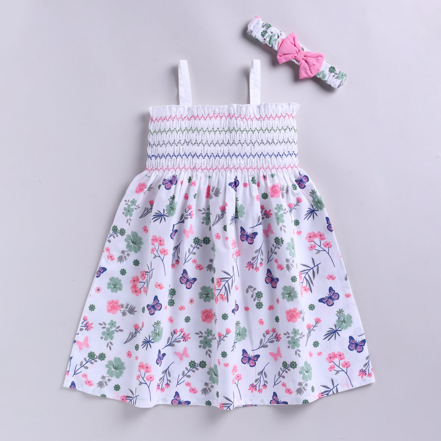 Girls Cotton Frock with Hairband | Floral Butterfly Print