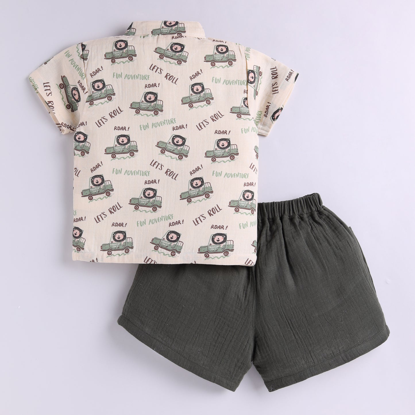 100% Cotton Muslin Adventure Theme Top with Shorts - Olive