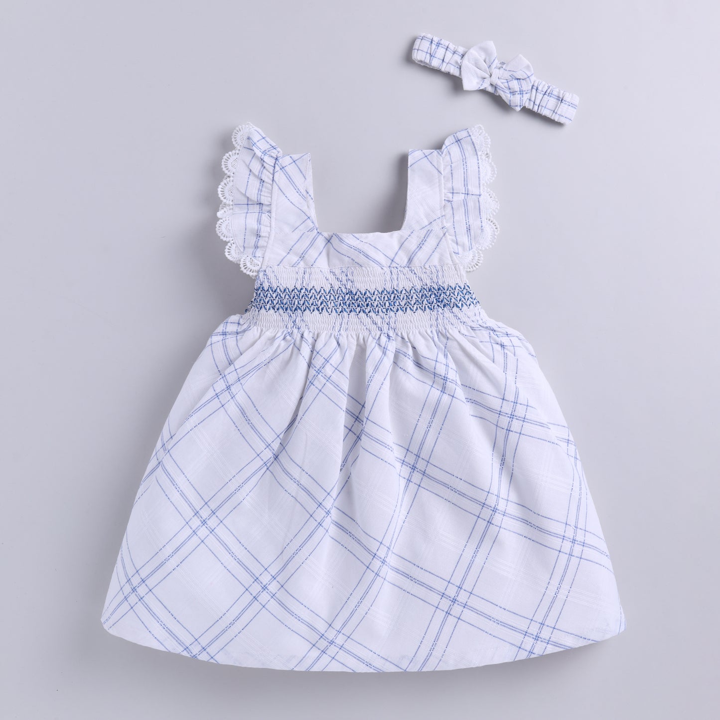 Plaid Pattern Smocking Frock with Matching Hairband