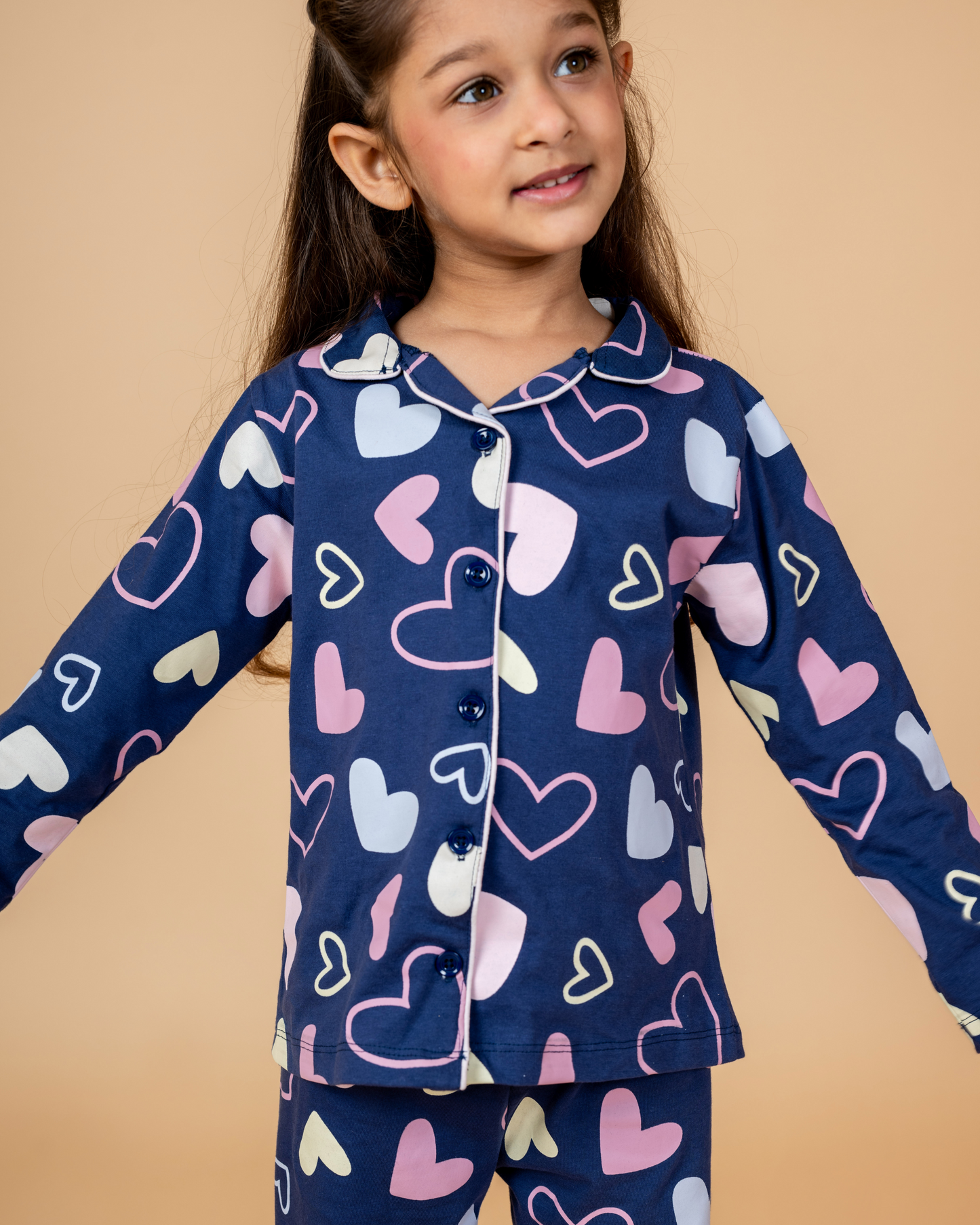 Heart Print Front Open Collared Nightsuit