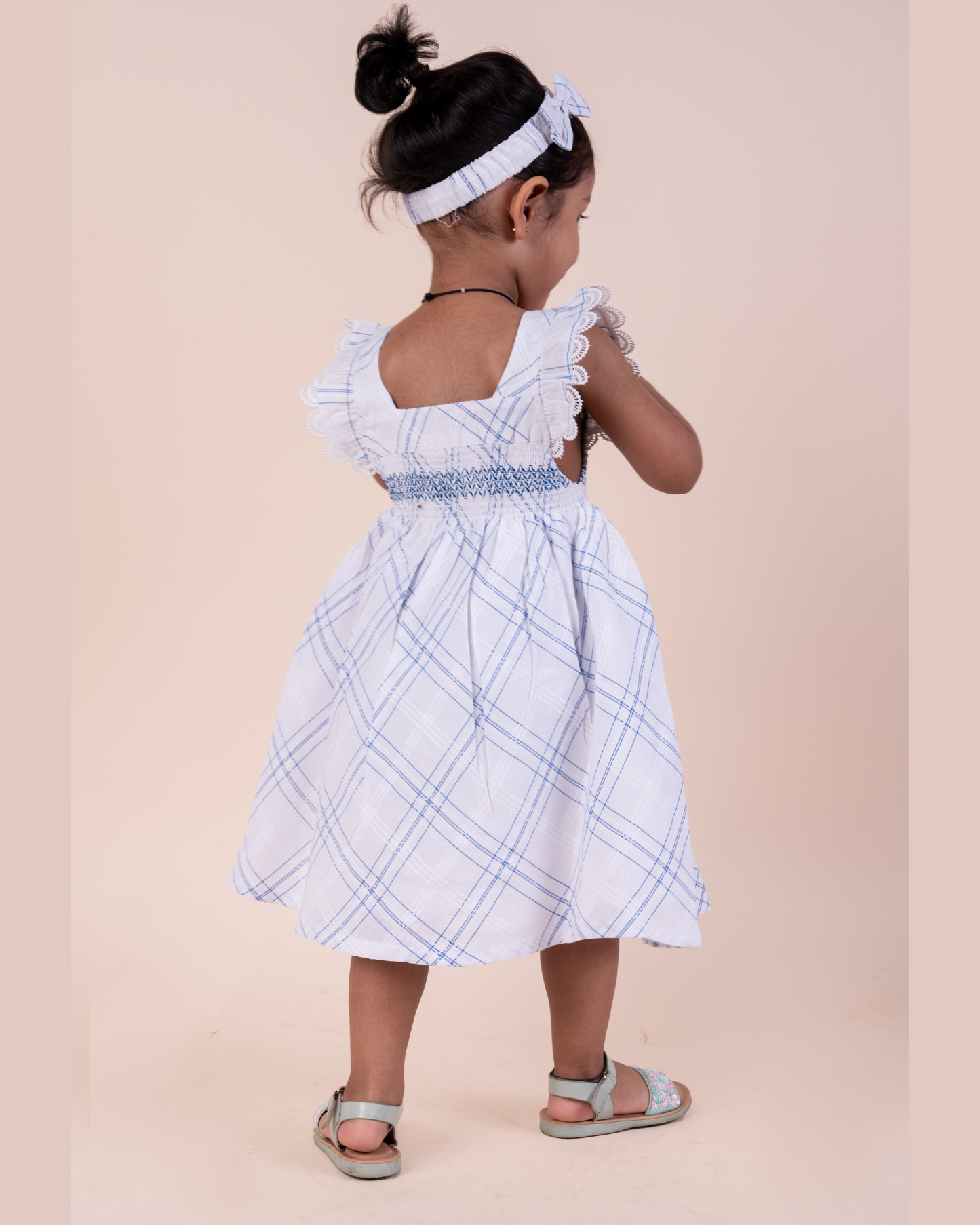 Plaid Pattern Smocking Frock with Matching Hairband