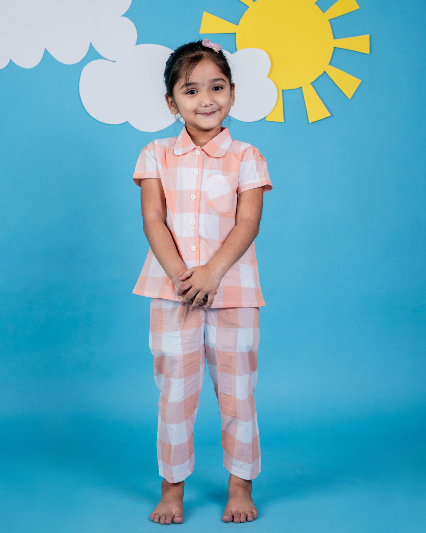 Checks Design Nightsuit Set - Peach
