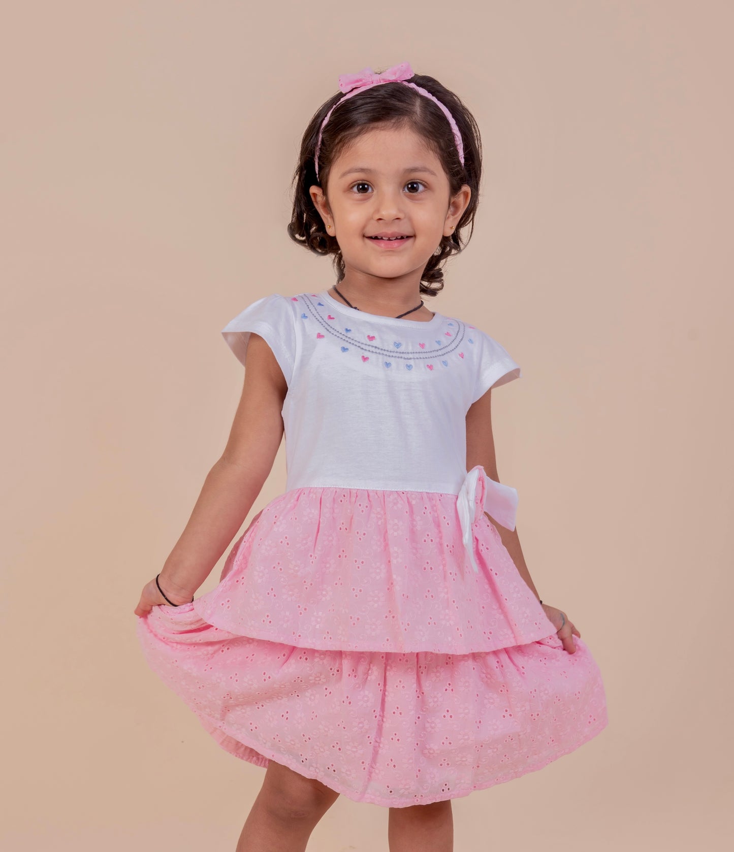 Girls 2-Layered Frock with Matching Hairband - Pink