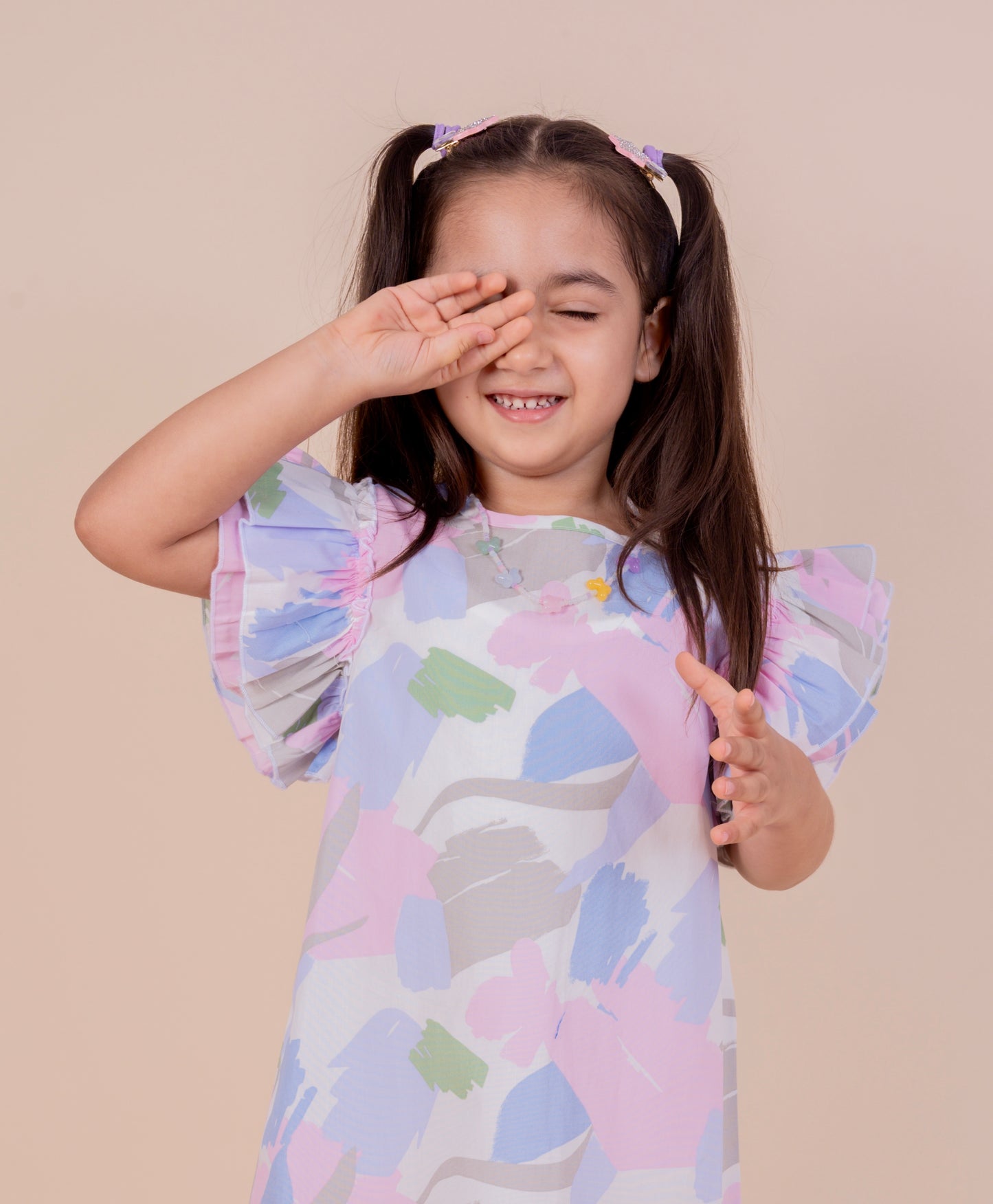 Pastel Print Cotton Frock with Double Flare Sleeves - Pink