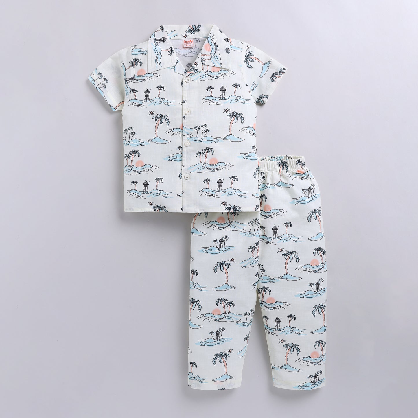 Soft Cotton Kids Nightsuit Set | Front Open Shirt & Pajama | Tropical Print