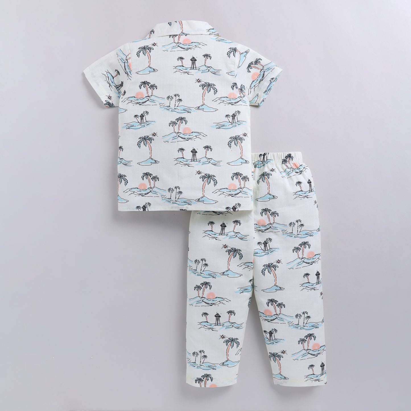 Soft Cotton Kids Nightsuit Set | Front Open Shirt & Pajama | Tropical Print