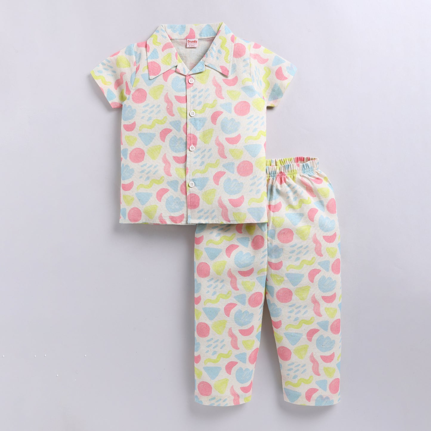 Colorful Abstract Print Linen Night Suit Set – Front Open Shirt & Pajama