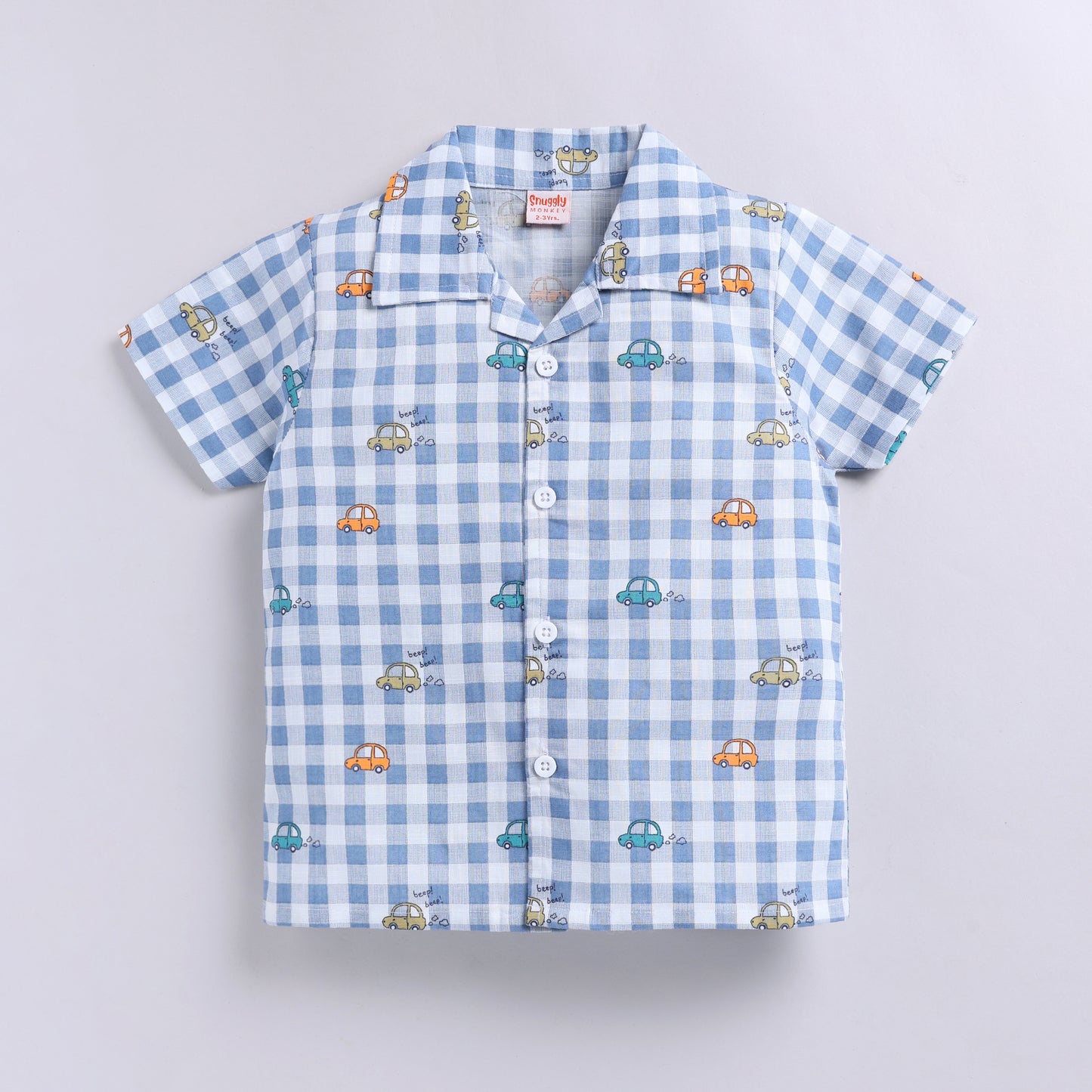 Checkered Car Print Shirt with Solid Shorts - Blue