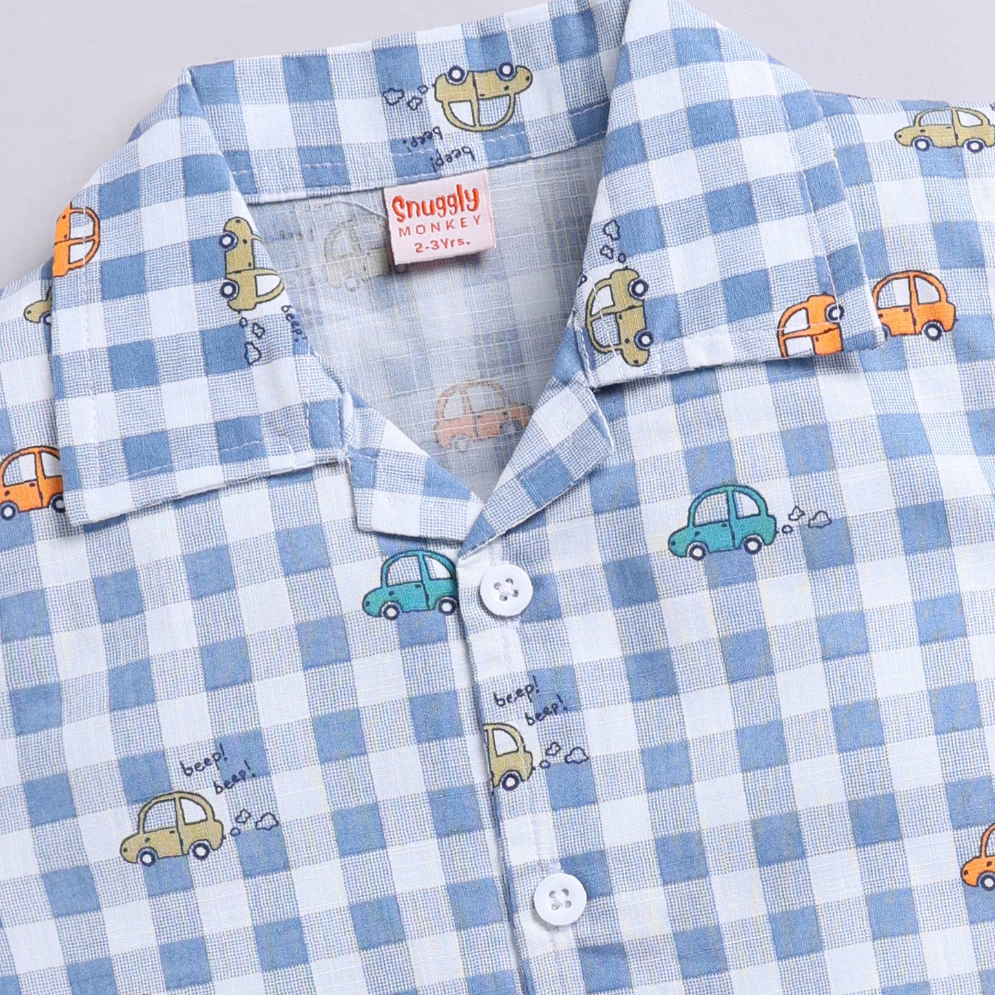 Checkered Car Print Shirt with Solid Shorts - Blue