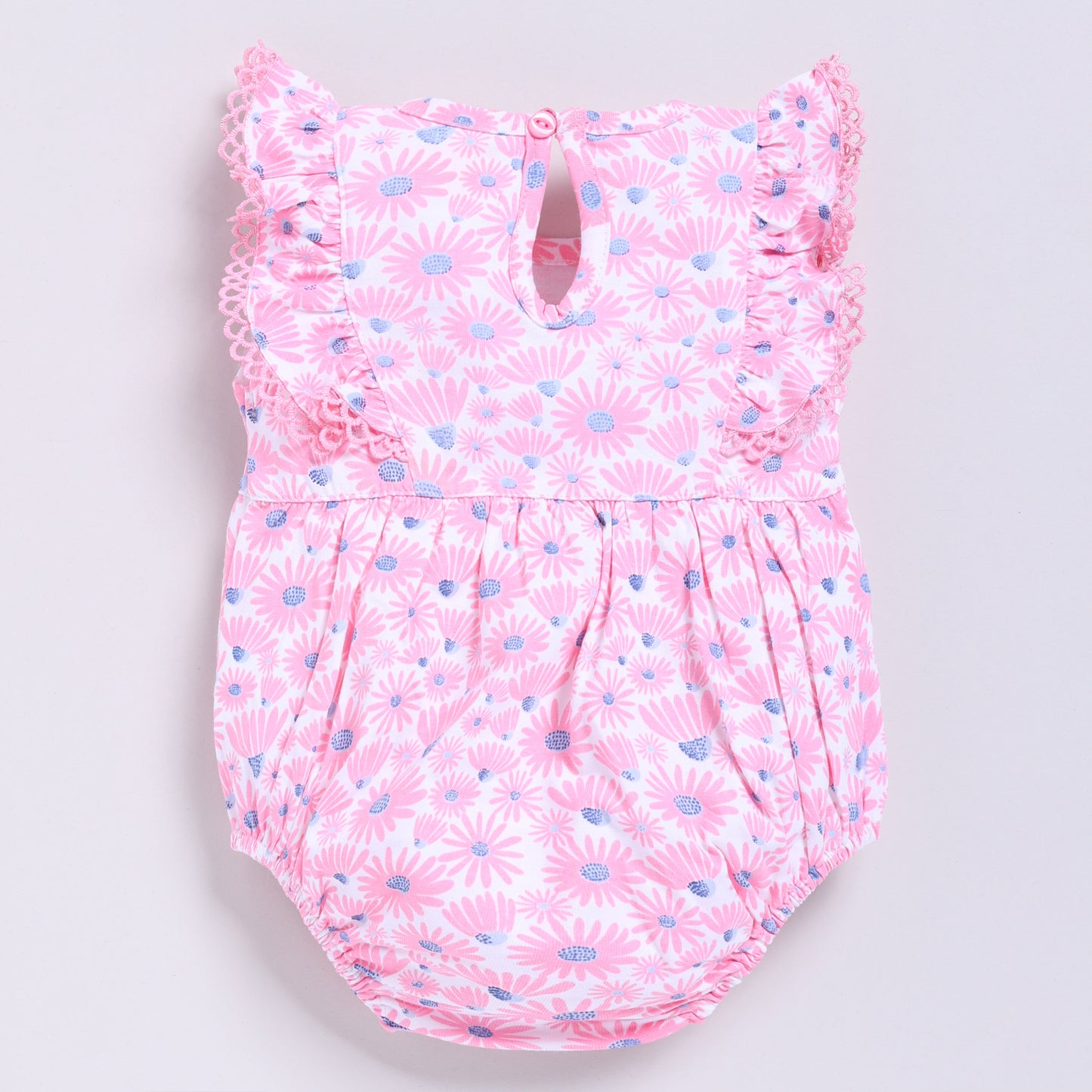 Cute Floral Print Pink Onesie with Lace and Bow