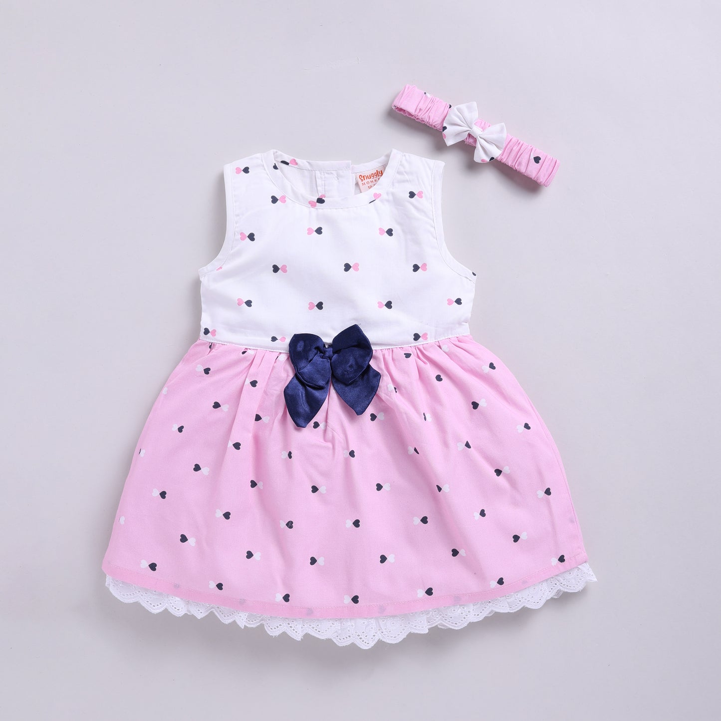Heart Print Pink & White Dress With Hairband