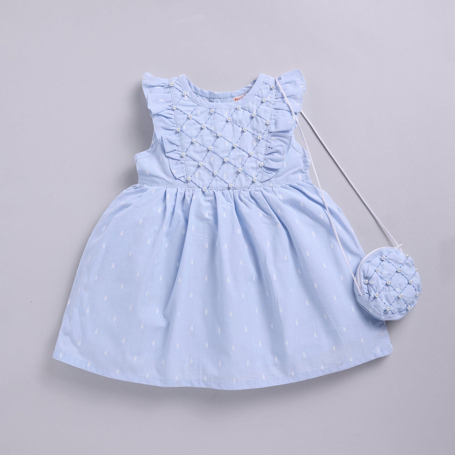 Blue Frock with Pearl Detailing & Sling Bag
