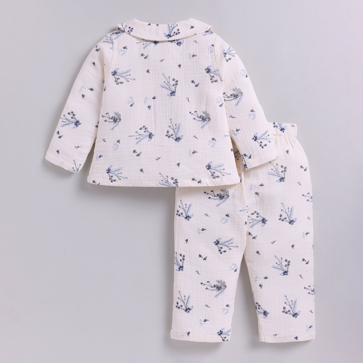 Muslin Cotton Full Floral Girls Nightsuit Set - Blue