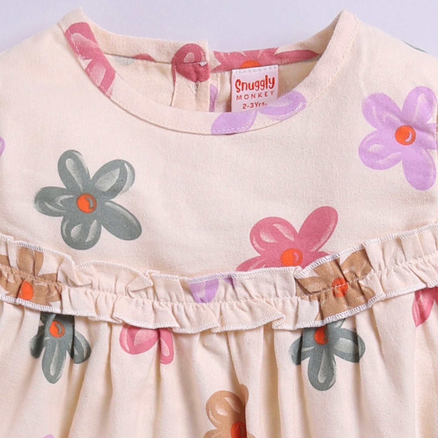 Full Sleeves Flower Print Frock | Beige