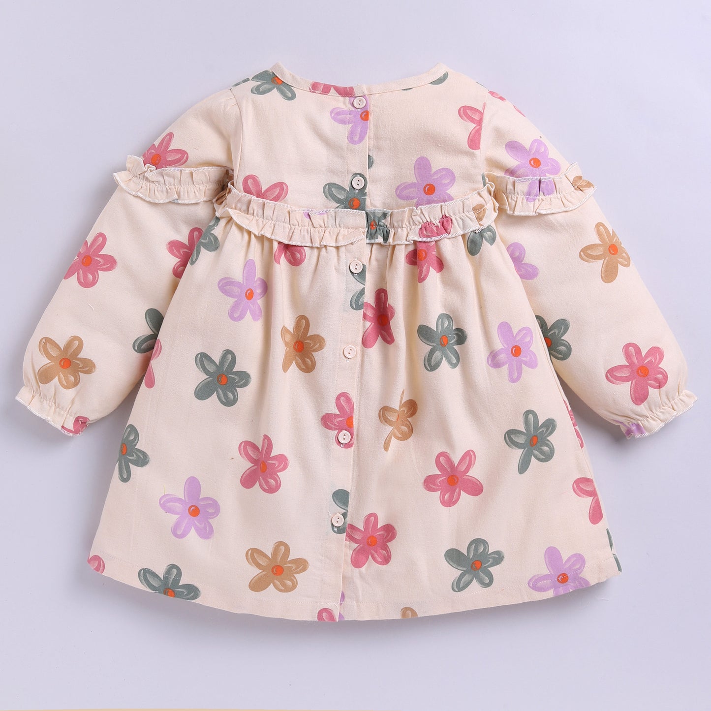 Full Sleeves Flower Print Frock | Beige