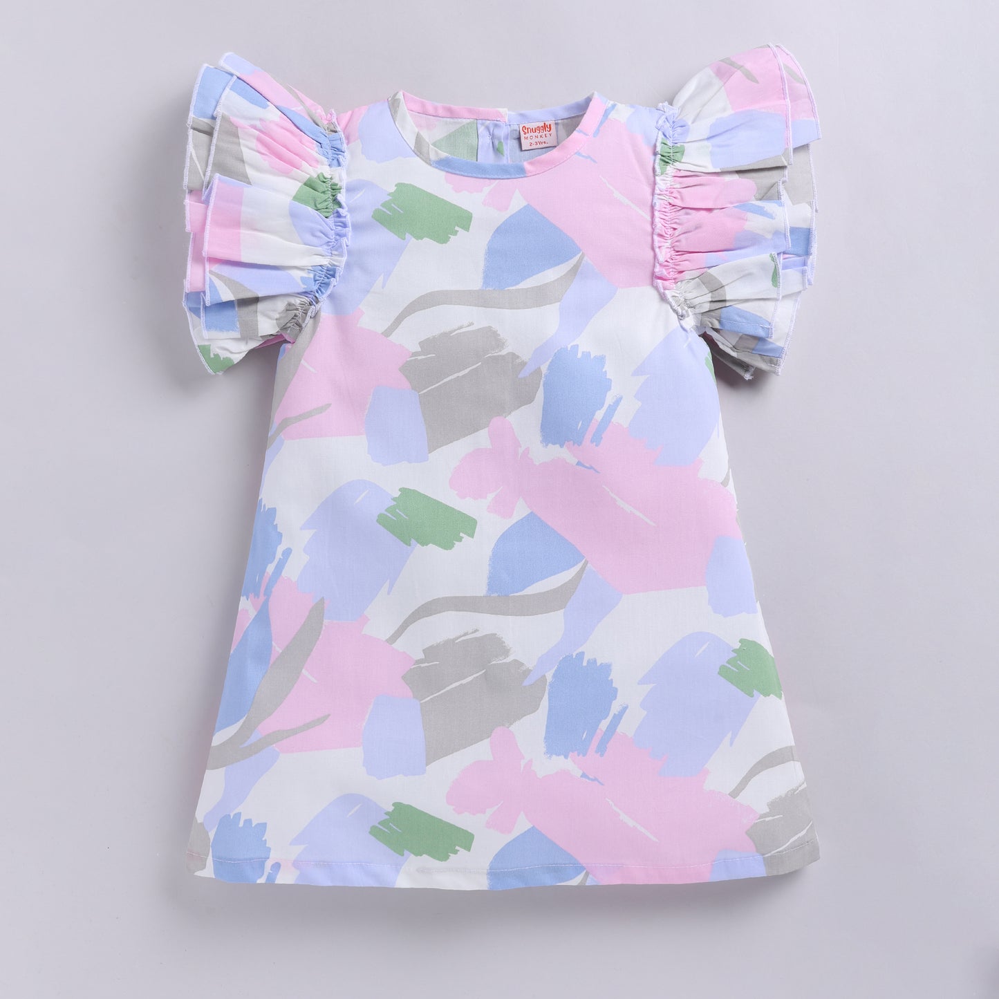 Pastel Print Cotton Frock with Double Flare Sleeves - Pink