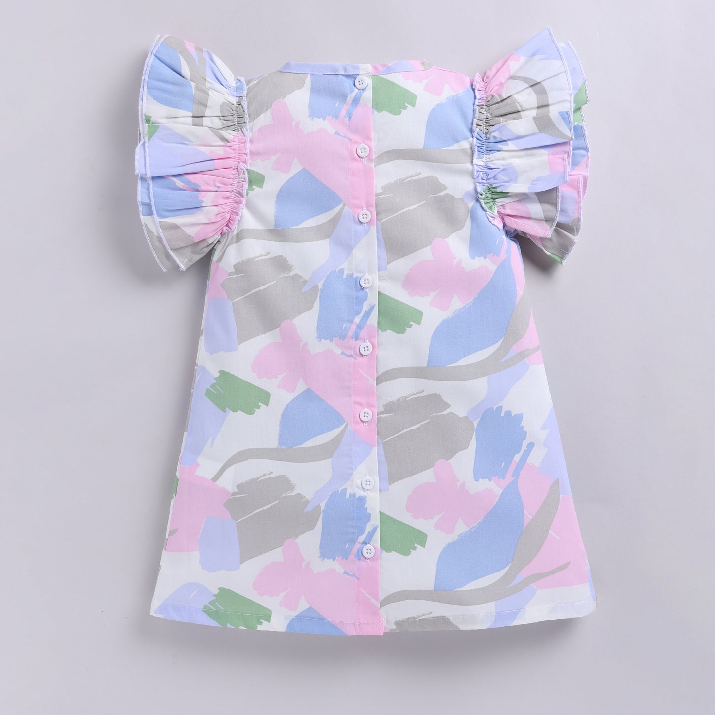 Pastel Print Cotton Frock with Double Flare Sleeves - Pink