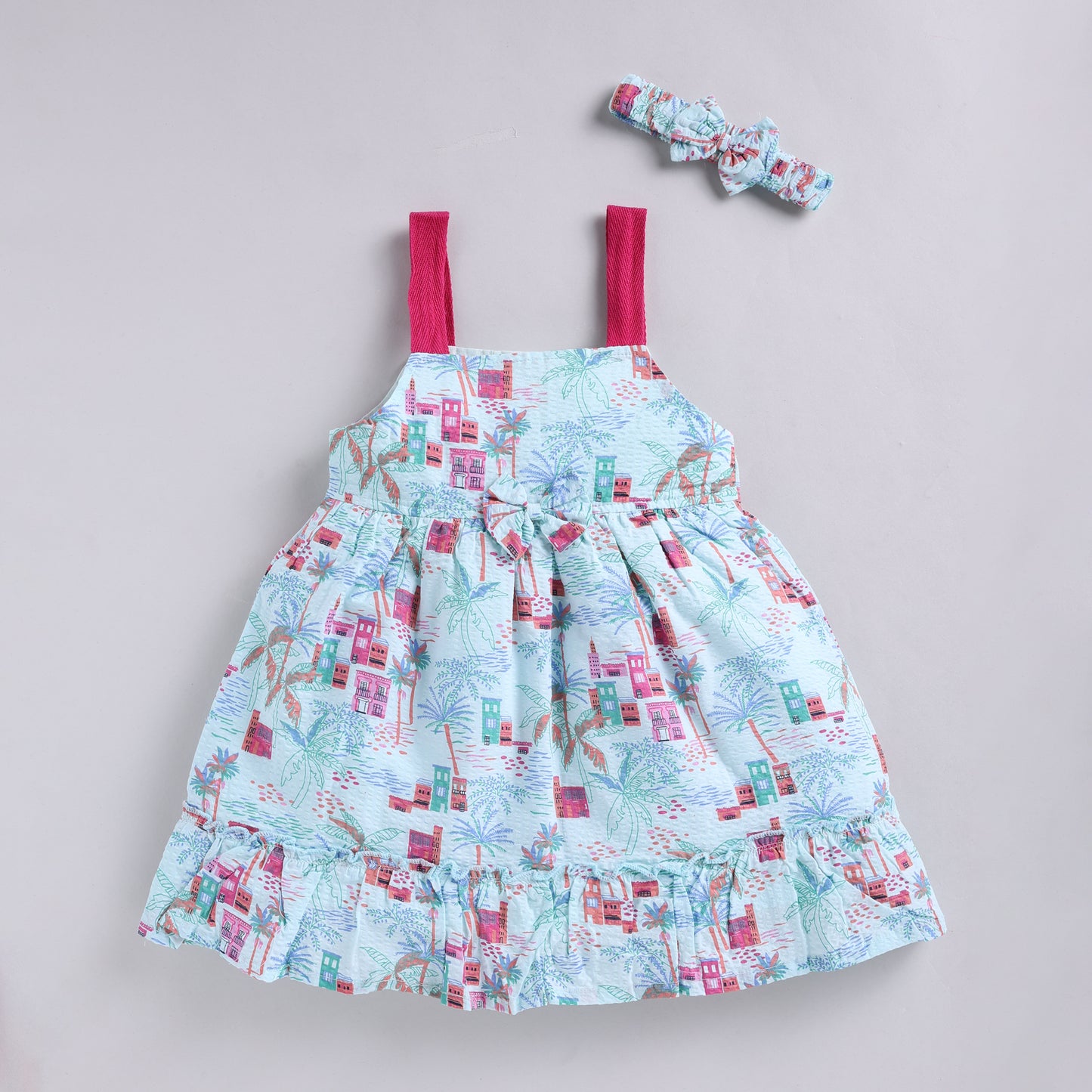 Seersucker Summer Print Frock with Hairband