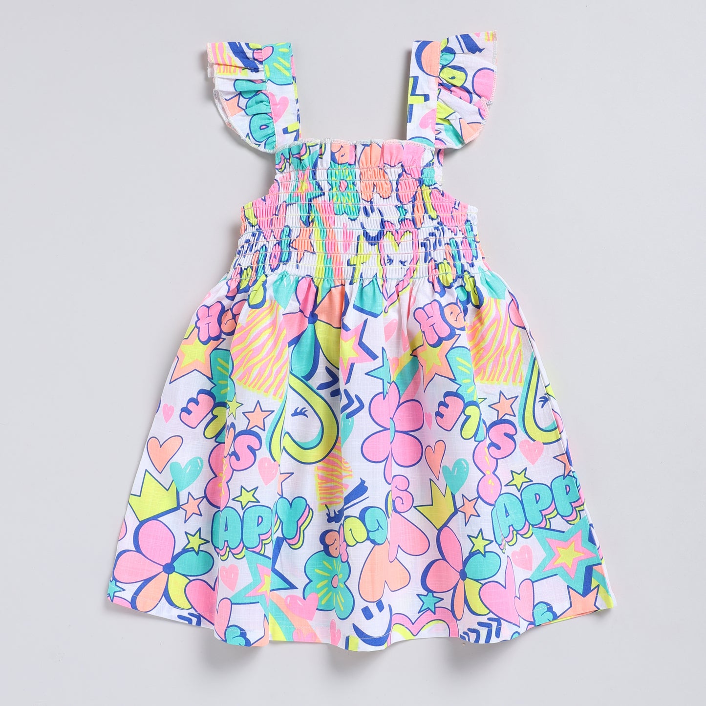 Vibrant print casual dress with smocking