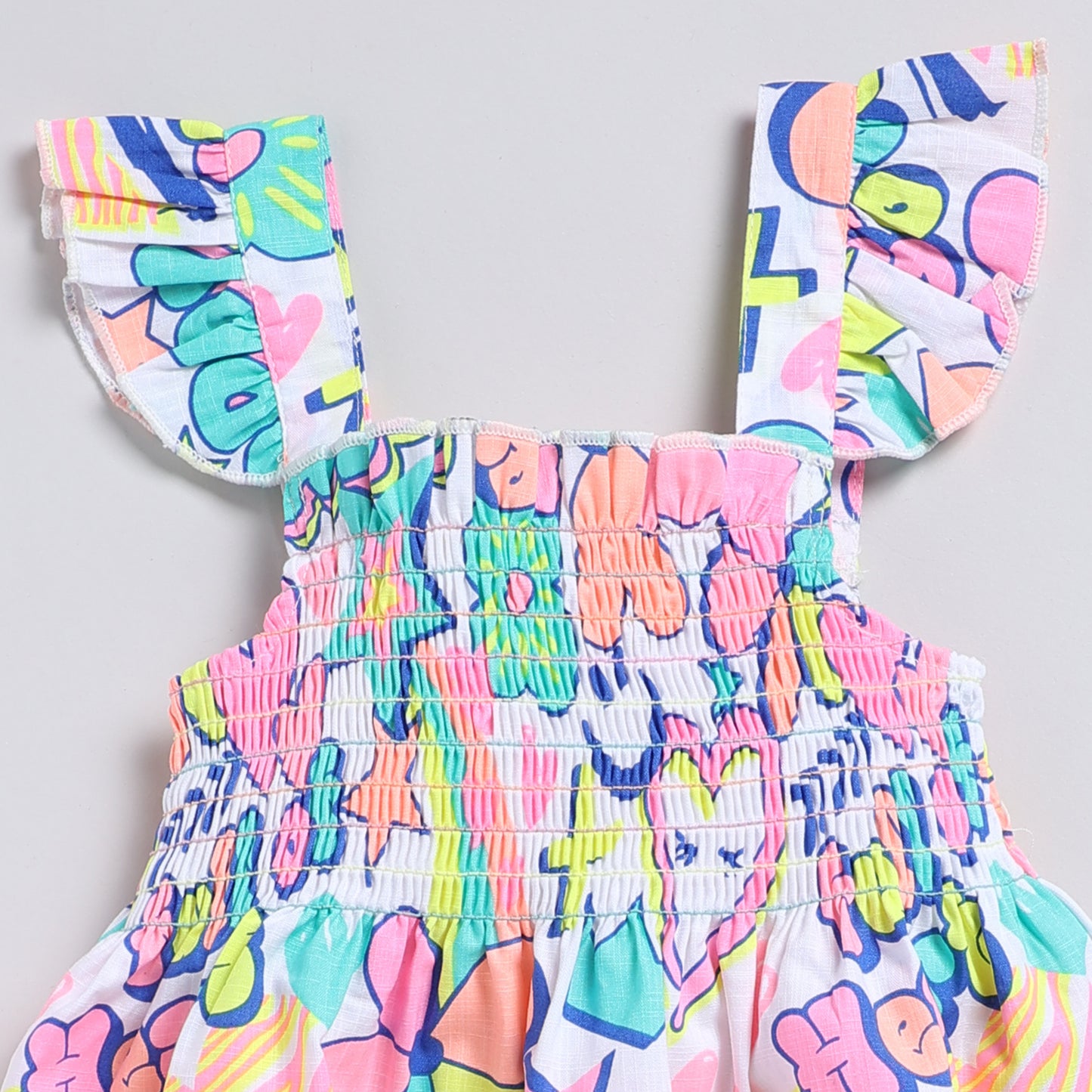 Vibrant print casual dress with smocking