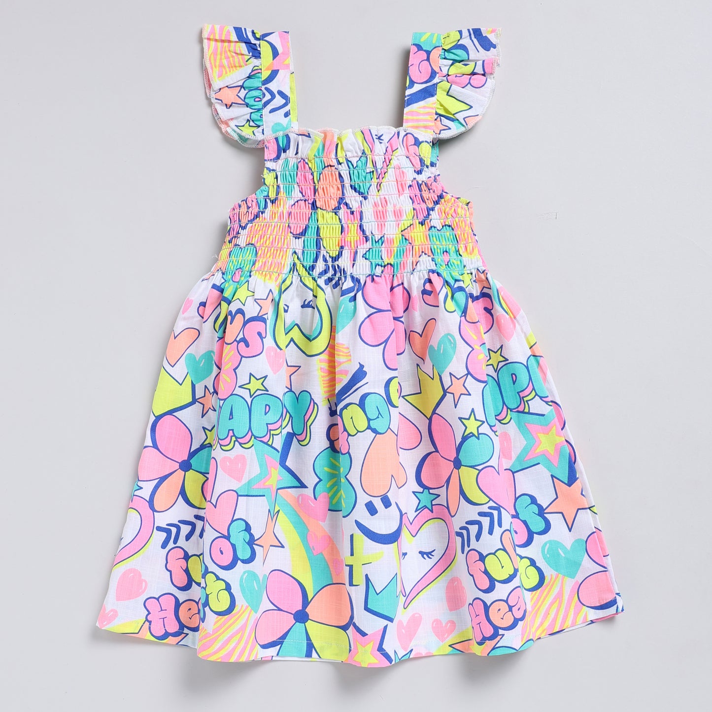 Vibrant print casual dress with smocking