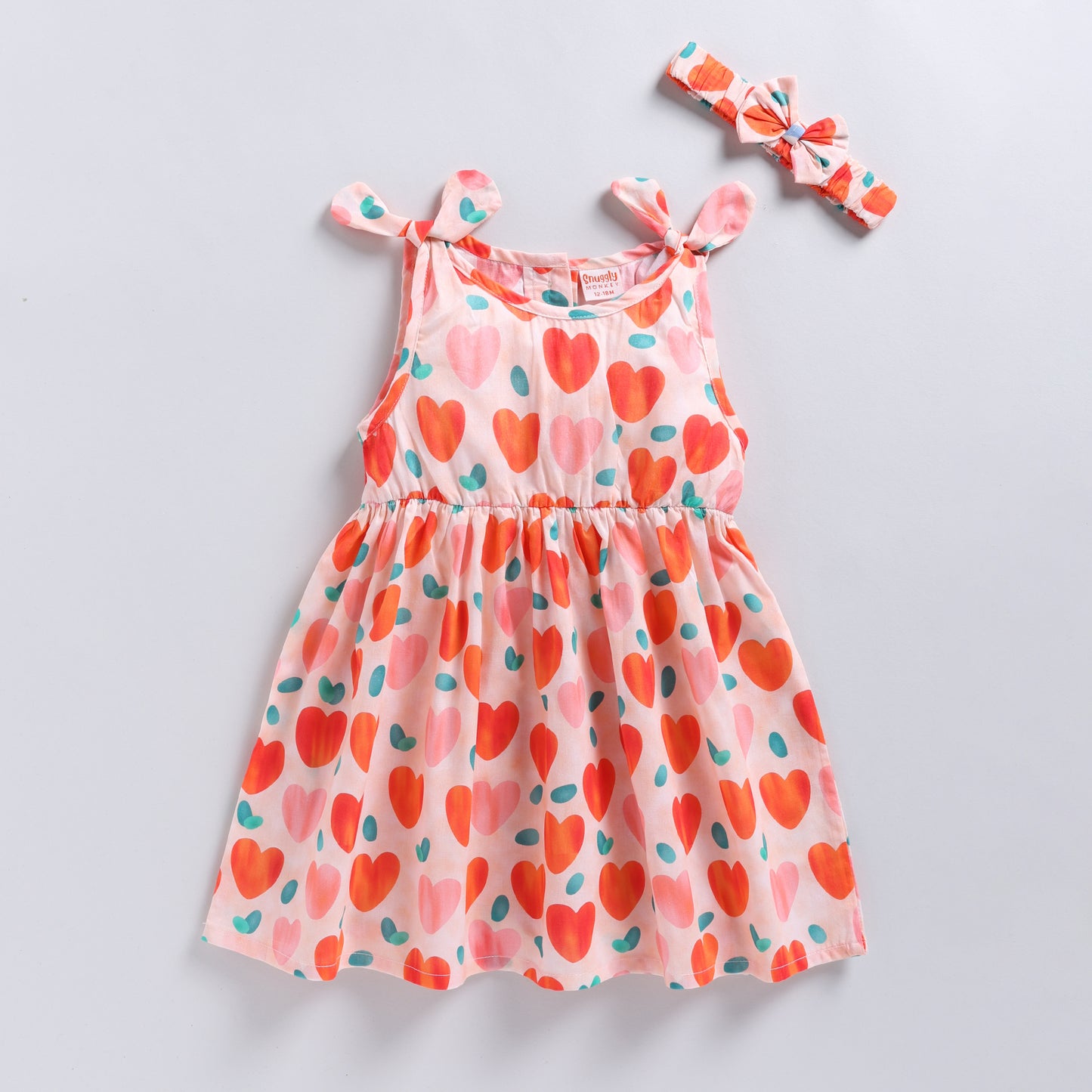 Heart Print Summer Frock with Matching Hairband | Orange