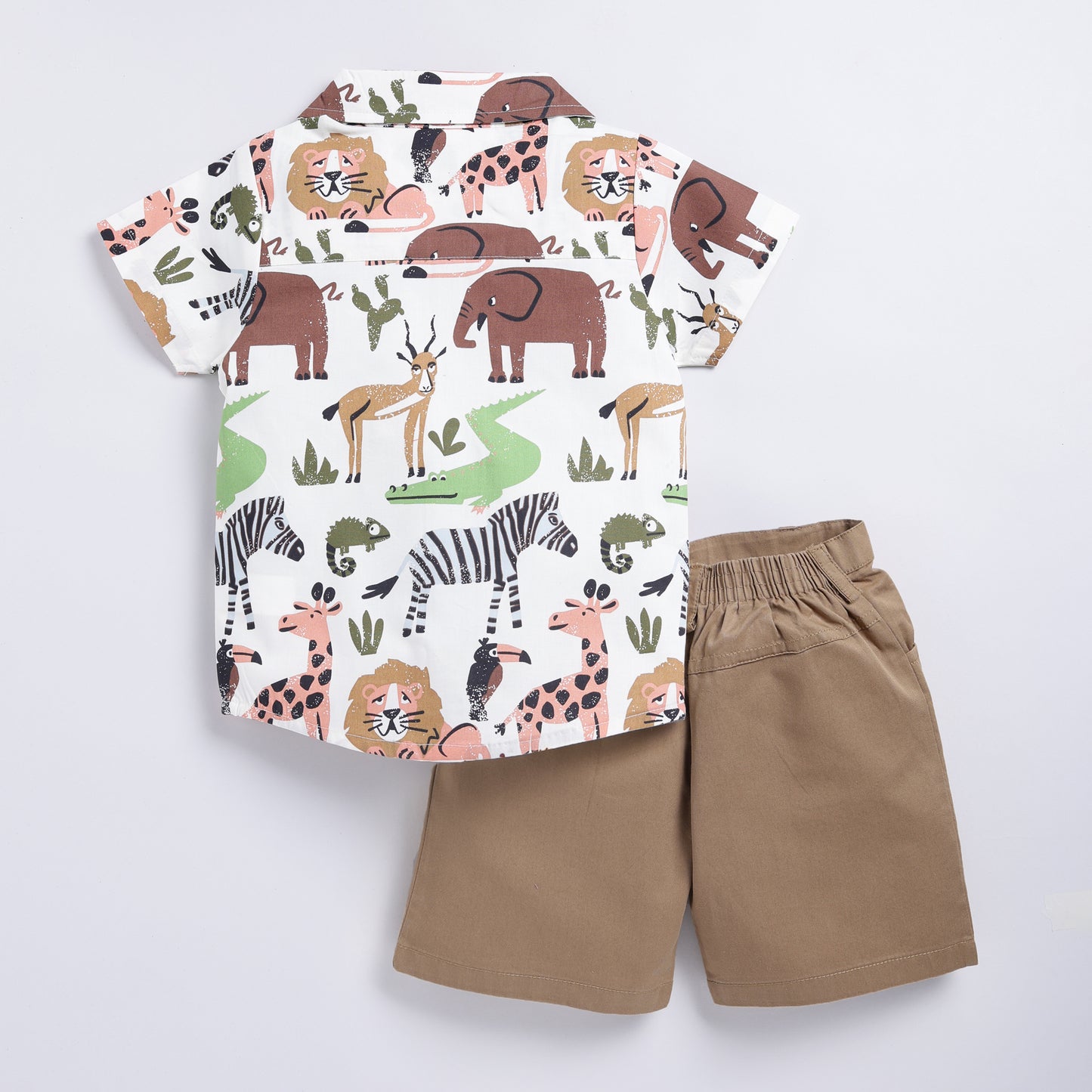 Jungle Animal Print Shirt & Shorts Set - Beige