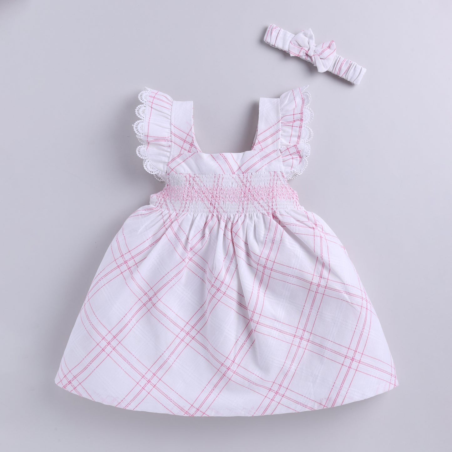 Plaid Pattern Smocking Frock with Matching Hairband