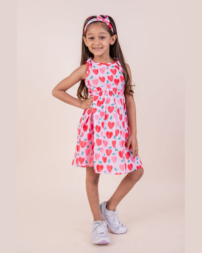 Heart Print Summer Frock with Matching Hairband | Cherry Red