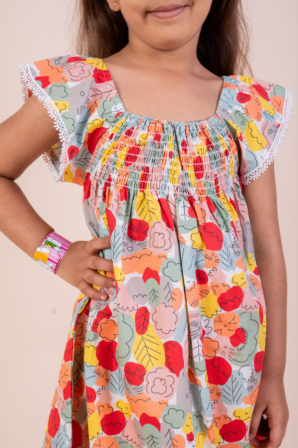 Abstract leaf print frock with hairband