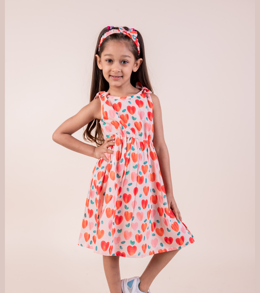 Heart Print Summer Frock with Matching Hairband | Orange