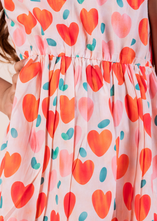 Heart Print Summer Frock with Matching Hairband | Orange