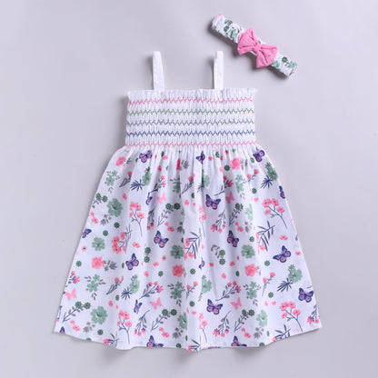Girls Cotton Frock with Hairband | Floral Butterfly Print