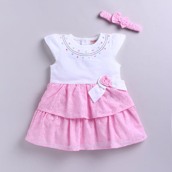 Girls 2-Layered Frock with Matching Hairband - Pink