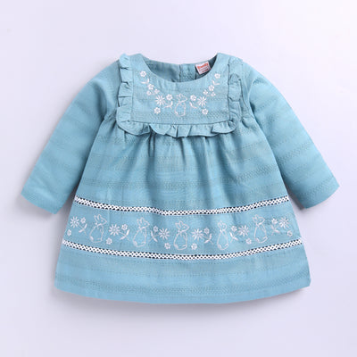 Girls Embroidered Frock with Lace & Frill - Teal