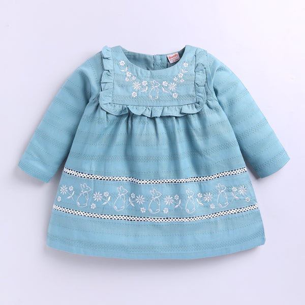 Girls Embroidered Frock with Lace & Frill - Teal