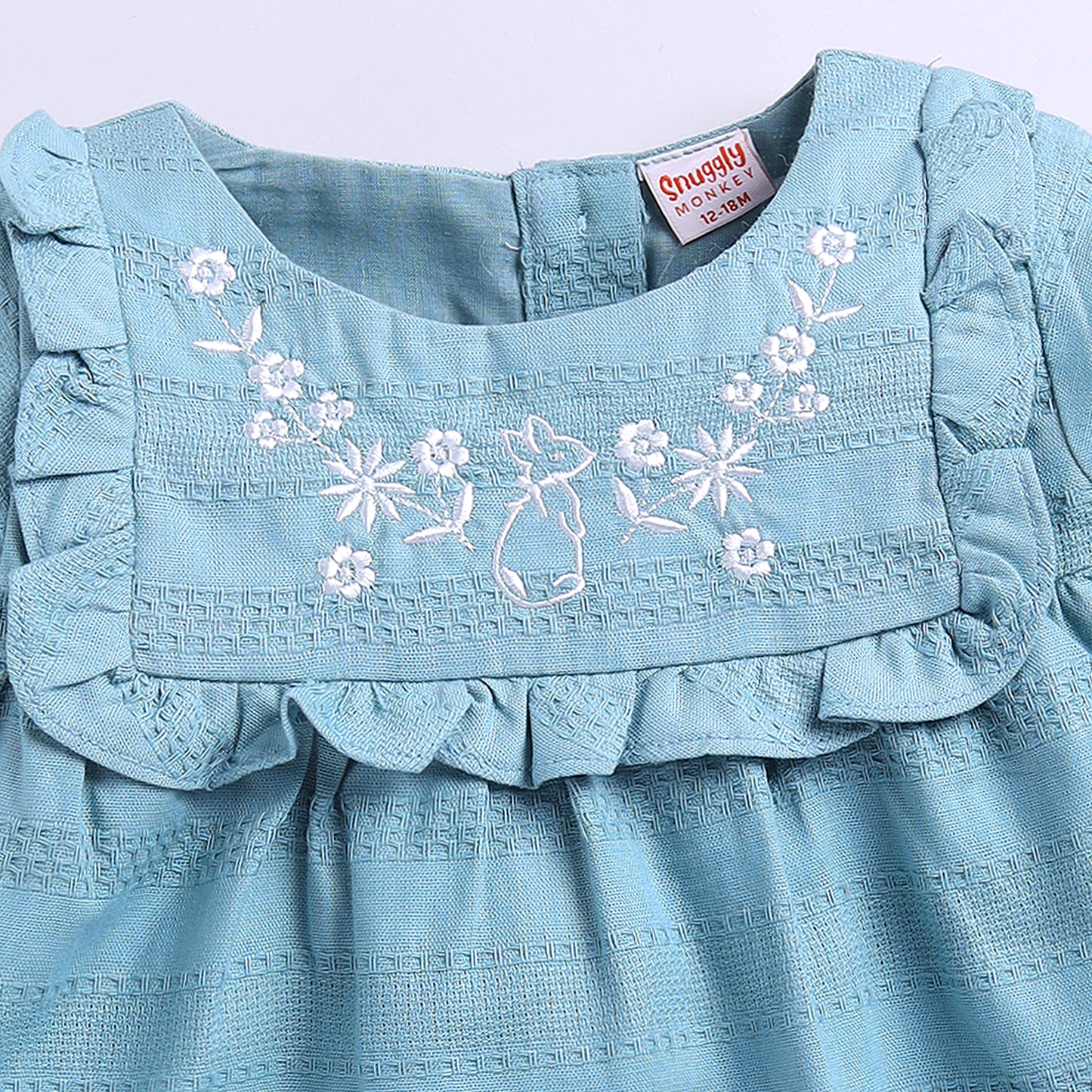 Girls Embroidered Frock with Lace & Frill - Teal