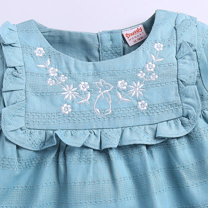 Girls Embroidered Frock with Lace & Frill - Teal