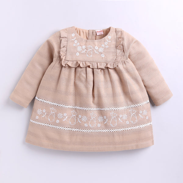 Girls Embroidered Frock with Lace & Fril - Beige