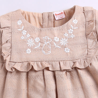 Girls Embroidered Frock with Lace & Fril - Beige
