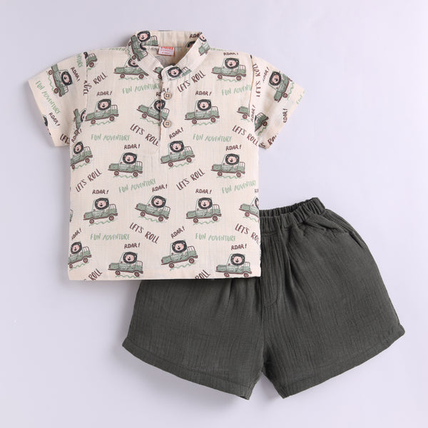 100% Cotton Muslin Adventure Theme Top with Shorts - Olive