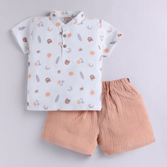 Bear in The Beach Theme  Muslin Top with Shorts