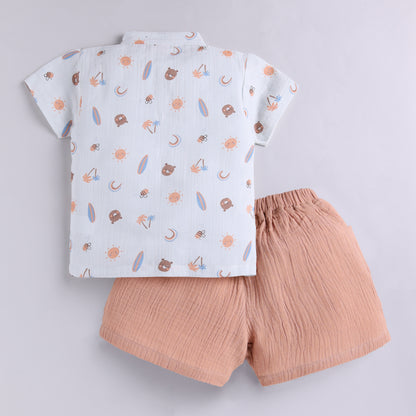 Bear in The Beach Theme  Muslin Top with Shorts