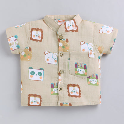 Animal Print Muslin Co-ord Set For Infants - Beige