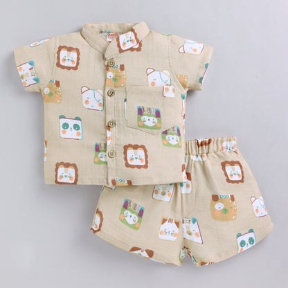 Animal Print Muslin Co-ord Set For Infants - Beige