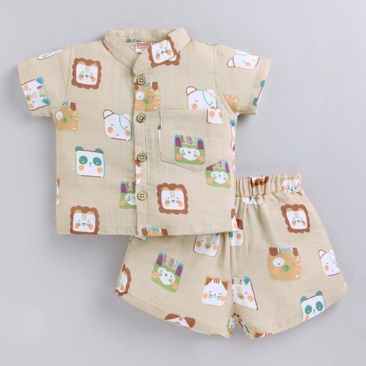 Animal Print Muslin Co-ord Set For Infants - Beige